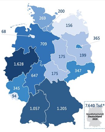 Karte von Deutschland mit Zahlen der Beschäftigten im Gesundheitssektor