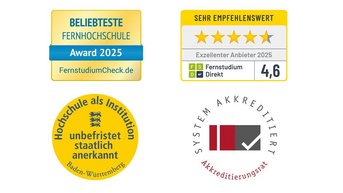 Beliebteste Fernhochschule Award 2025, sehr empfehlenswert mit 4,6 Sternen, unbefristet staatlich anerkannt, und Systemakkreditierung durch den Akkreditierungsrat.