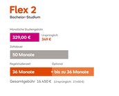 Flex 2 Bachelor-Studium: Monatliche Studiengebühr 322 € (ursprünglich 349 €), Zahldauer 50 Monate, Regelstudienzeit 36 Monate (optional bis zu 36 Monate), Gesamtkosten 16.100 € (ursprünglich 17.450 €).