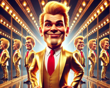 Ein animierter Charakter mit blonden Haaren trägt einen goldenen Anzug und roten Schlips, umgeben von Spiegeln und Lichtern.