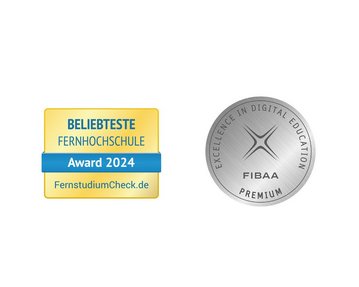 Beliebteste Fernhochschule 2024 von FernstudiumCheck.de sowie Siegel der FIBAA Akkreditierung