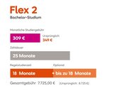 Flex 2 Bachelor-Studium: Monatliche Studiengebühr 322 € (ursprünglich 349 €), Zahldauer 25 Monate, Regelstudienzeit 18 Monate (plus bis zu 18 Monate), Gesamtkosten 8.050 € (ursprünglich 8.725 €).