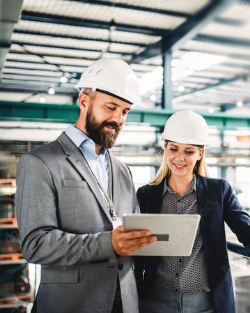 Zwei Personen in Schutzhelmen betrachten gemeinsam ein Tablet in einer industriellen Umgebung.
