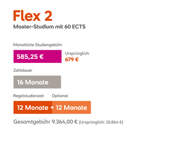 Flex 2 Master-Studium mit 60 ECTS. Monatliche Studiengebühr: 585,25 €. Gesamtkosten: 9.364,00 €. Dauer: 16 Monate, Regelstudienzeit optional 12 + 12 Monate.