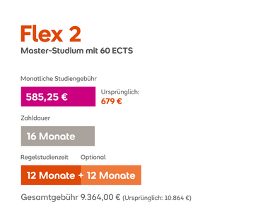 Flex 2 Master-Studium mit 60 ECTS. Monatliche Studiengebühr: 585,25 €. Gesamtkosten: 9.364,00 €. Dauer: 16 Monate, Regelstudienzeit optional 12 + 12 Monate.
