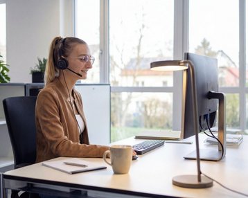 Eine Frau mit Headset sitzt an einem Schreibtisch und arbeitet am Computer, während sie in einem modernen Büro umgeben von Pflanzen ist.
