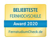 Beliebteste Fernhochschule Award 2020 von FernstudiumCheck.de, dargestellt in einem goldenen und blauen Design.