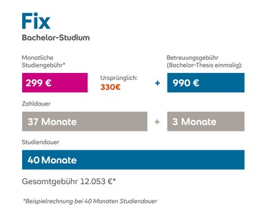 Studiengebührenübersicht für ein Bachelor-Studium: Monatliche Gebühr 299 €, Betreuungskosten 990 €, Gesamtkosten 12.053 € bei 40 Monaten.
