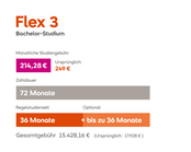 Flex 3 Bachelor-Studium: Monatliche Studiengebühr 214,28 €, Gesamtkosten 15.428,16 €, Regelstudienzeit 36 Monate, optional bis zu 36 Monate.