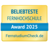 Beliebteste Fernhochschule Beliebteste Fernhochschule Award 2025, verliehen von FernstudiumCheck.de. Das Design ist in Gelb und Blau gehalten.