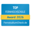 Top Fernhochschule Award 2026 von FernstudiumCheck.de, ausgezeichnet für herausragende Leistungen in der Fernbildung.