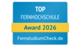 Top Fernhochschule Award 2026 von FernstudiumCheck.de, ausgezeichnet für herausragende Leistungen in der Fernbildung.