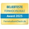 Beliebteste Fernhochschule Beliebteste Fernhochschule Award 2025, verliehen von FernstudiumCheck.de. Das Design ist in Gelb und Blau gehalten.