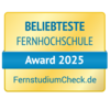 Beliebteste Fernhochschule Award 2025, verliehen von FernstudiumCheck.de. Das Design ist in Gelb und Blau gehalten.