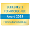 Beliebteste Fernhochschule Award 2025, verliehen von FernstudiumCheck.de. Das Design ist in Gelb und Blau gehalten.