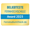 Beliebteste Fernhochschule Award 2025, verliehen von FernstudiumCheck.de. Das Design ist in Gelb und Blau gehalten.