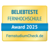 Beliebteste Fernhochschule Award 2025, verliehen von FernstudiumCheck.de. Das Design ist in Gelb und Blau gehalten.