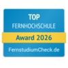Top Fernhochschule Award 2026 von FernstudiumCheck.de, ausgezeichnet für herausragende Leistungen in der Fernbildung.