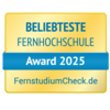 Beliebteste Fernhochschule Award 2025, verliehen von FernstudiumCheck.de. Das Design ist in Gelb und Blau gehalten.