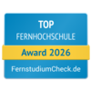 Top Fernhochschule Award 2026 von FernstudiumCheck.de, ausgezeichnet für herausragende Leistungen in der Fernbildung.