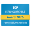 Top Fernhochschule Award 2026 von FernstudiumCheck.de, ausgezeichnet für herausragende Leistungen in der Fernbildung.
