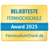 Beliebteste Fernhochschule Award 2025, verliehen von FernstudiumCheck.de. Das Design ist in Gelb und Blau gehalten.