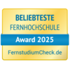 Beliebteste Fernhochschule Award 2025, verliehen von FernstudiumCheck.de. Das Design ist in Gelb und Blau gehalten.
