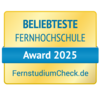 Beliebteste Fernhochschule Award 2025, verliehen von FernstudiumCheck.de. Das Design ist in Gelb und Blau gehalten.