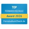 Top Fernhochschule Award 2026 von FernstudiumCheck.de, ausgezeichnet für herausragende Leistungen in der Fernbildung.