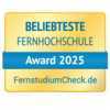 Beliebteste Fernhochschule Award 2025, verliehen von FernstudiumCheck.de. Das Design ist in Gelb und Blau gehalten.
