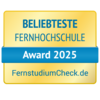 Beliebteste Fernhochschule Award 2025, verliehen von FernstudiumCheck.de. Das Design ist in Gelb und Blau gehalten.