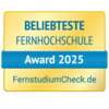 Beliebteste Fernhochschule Award 2025, verliehen von FernstudiumCheck.de. Das Design ist in Gelb und Blau gehalten.