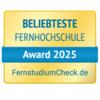 Beliebteste Fernhochschule Award 2025, verliehen von FernstudiumCheck.de. Das Design ist in Gelb und Blau gehalten.