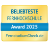 Beliebteste Fernhochschule Award 2025, verliehen von FernstudiumCheck.de. Das Design ist in Gelb und Blau gehalten.