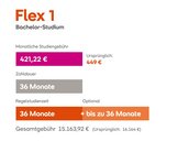 Flex 1 Bachelor-Studium: Monatliche Studiengebühr 414 €, ursprünglich 449 €. Zahldauer 36 Monate. Regelstudienzeit 36 Monate, optional bis zu 36 Monate. Gesamtkosten 14.904 € (ursprünglich 16.164 €).