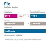 Studiengebühren für ein Bachelor-Studium: 299 € monatlich, Betreuungskosten 990 €, Gesamtdauer 36 Monate, Gesamtkosten 10.857 €.