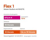 Flex 1 Master-Studium mit 90 ECTS. Monatliche Studiengebühr: 672 € (ursprünglich 729 €). Zahldauer: 18 Monate. Regelstudienzeit: 18 Monate, optional bis zu 18 Monate. Gesamte Gebühren: 12.096 € (ursprünglich 13.122 €).
