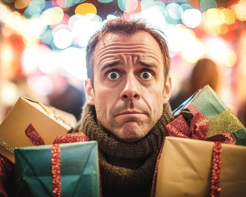Ein Mann mit einem besorgten Gesichtsausdruck trägt mehrere Geschenke in den Händen. Er steht vor einer festlich beleuchteten Kulisse, die eine weihnachtliche Atmosphäre vermittelt.