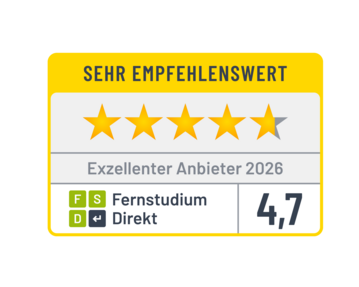 Sehr empfehlenswertes Zertifikat mit vier vollen und einem halben Stern. Auszeichnung als exzellenter Anbieter 2025 für Fernstudium Direkt mit einer Bewertung von 4,6.