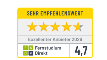 Exzellenter Anbieter 2025 Sehr empfehlenswertes Zertifikat mit vier vollen und einem halben Stern. Auszeichnung als exzellenter Anbieter 2025 für Fernstudium Direkt mit einer Bewertung von 4,6.