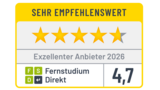 Sehr empfehlenswertes Zertifikat mit vier vollen und einem halben Stern. Auszeichnung als exzellenter Anbieter 2025 für Fernstudium Direkt mit einer Bewertung von 4,6.