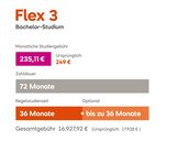 Flex 3 Bachelor-Studium: Monatliche Studiengebühr 229 € (ursprünglich 249 €), Zahldauer 72 Monate, Regelstudienzeit 36 Monate, optional bis zu 36 Monate, Gesamtkosten 16.488 € (ursprünglich 17.928 €).