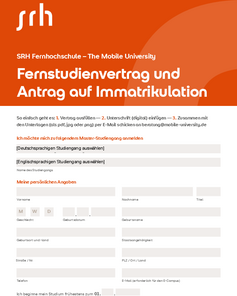Fernstudienvertrag und Antrag auf Immatrikulation der SRH Fernhochschule. Enthält Felder für persönliche Angaben, Studiengangsauswahl und Anweisungen zur Einreichung des Vertrags per E-Mail.