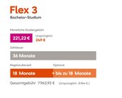 Flex 3 Bachelor-Studium: Monatliche Studiengebühr 229 € (ursprünglich 249 €), Zahldauer 36 Monate, Regelstudienzeit 18 Monate (optional bis zu 18 Monate), Gesamtkosten 8.244 € (ursprünglich 8.964 €).