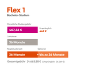 Flex 1 Bachelor-Studium: Monatliche Studiengebühr 407,33 €, Zahldauer 36 Monate, Gesamtkosten 14.663,88 € (ursprünglich 16.164 €).