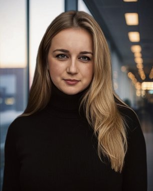 Eine junge Frau mit langen, blonden Haaren trägt einen schwarzen Rollkragenpullover. Sie blickt direkt in die Kamera, während unscharfe Lichter im Hintergrund sichtbar sind.