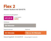 Flex 2 Master-Studium mit 120 ECTS. Monatliche Studiengebühr 414 € (ursprünglich 449 €). Zahldauer 36 Monate, Regelstudienzeit 24 Monate, optional bis zu 24 Monate. Gesamtkosten 14.904 € (ursprünglich 16.164 €).