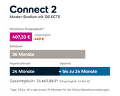 Connect 2 Master-Studium mit 120 ECTS: Monatliche Studiengebühr 407,33 €, Gesamtkosten 14.663,88 €, Regelstudienzeit 24 Monate, optional bis zu 24 Monate.