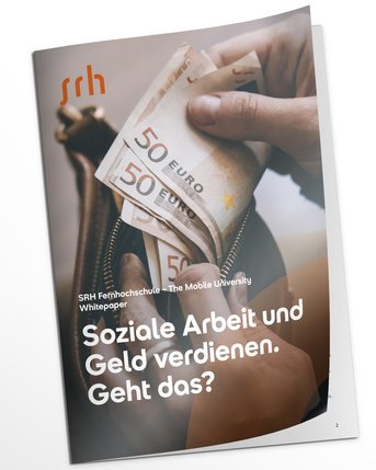 Eine Hand hält mehrere 50-Euro-Scheine, während ein Dokument mit dem Titel „Soziale Arbeit und Geld verdienen. Geht das?“ sichtbar ist.